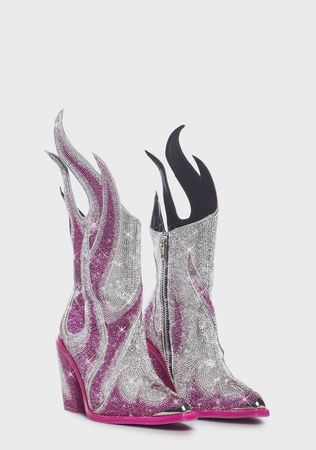 Club Exx Flame Rhinestone Cowboy Boots - Pink/Silver