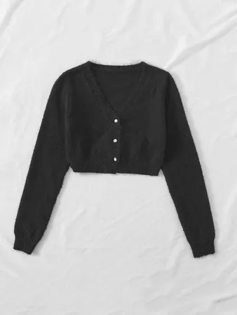 Button Front Fuzzy Knit Cardigan | SHEIN USA Black