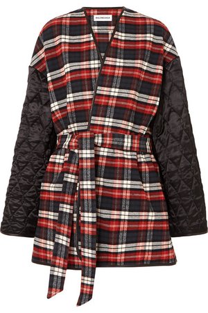 Balenciaga | Leather-trimmed checked cotton-flannel and quilted satin coat | NET-A-PORTER.COM