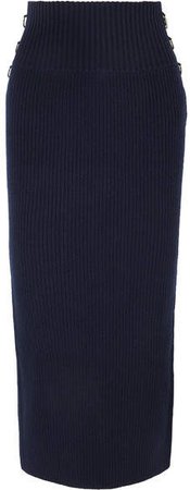 Embellished Ribbed Wool Midi Skirt - Navy