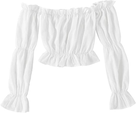 LYANER Women's Off Shoulder Ruffle Trim Puff Long Sleeve Tube Crop Blouse Shirt Top White Medium at Amazon Women’s Clothing store