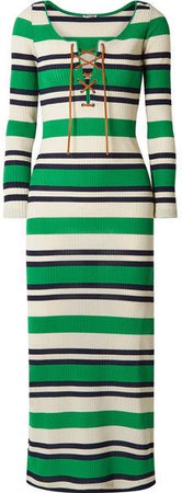 Lace-up Striped Ribbed-knit Midi Dress - Green