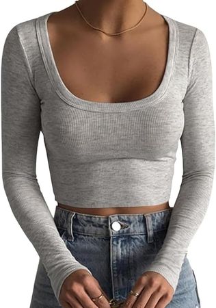 Artfish Women's Square Neck Long Sleeve Ribbed Slim Fitted Casual Basic Crop Top at Amazon Women’s Clothing store