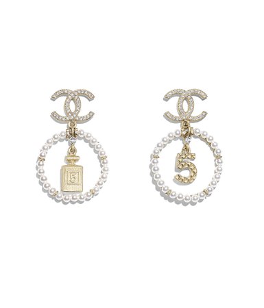 Earrings, metal, glass pearls & strass, gold, pearly white & crystal - CHANEL
