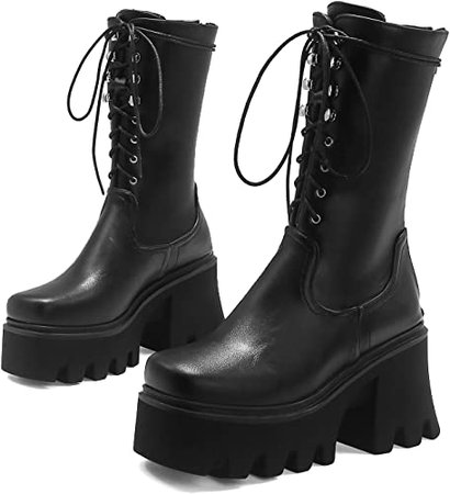 Amazon.com | YIYA Studded Ankle Boots for Women Round Toe Buckle Motorcycle Boots Black Chunky Heels Platform Gothic Shoes | Mid-Calf