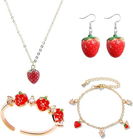 Amazon.com: FUTIMELY 4 Pcs Strawberry Jewelry Set for Women Teen Girls Red Strawberry Necklace, Strawberry Earrings, Strawberry Ring, Strawberry Bracelet Cute Food Fruit Charm Jewelry Gift (Red): Clothing, Shoes & Jewelry