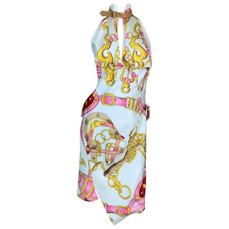 S/S 2000 Christian Dior John Galliano Runway Pink Gold Chain Print Silk Dress For Sale at 1stdibs