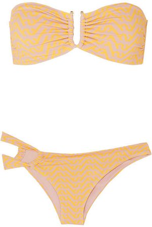 Asymmetric Printed Bandeau Bikini - Yellow