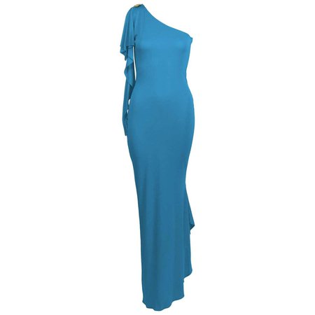 2000s Blue Marc Bouwer One Shoulder Gown For Sale at 1stDibs
