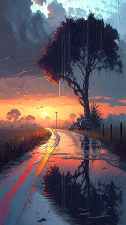 Sunset Rain road anime background