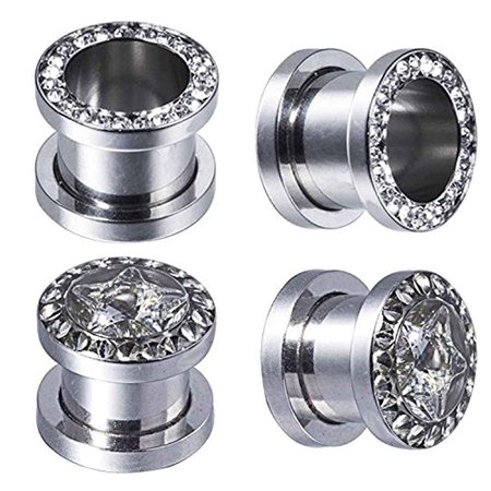 BodyJ4You 2 Pairs Screw Fit Ear Gauge Tunnels Clear CZ Crystal Jeweled Star Plugs Stretcher Set 2G-00G PL6329-0G