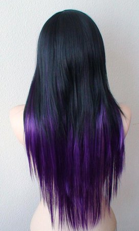 Ombre wig. Black / Purple Long straight hair long side bangs | Etsy