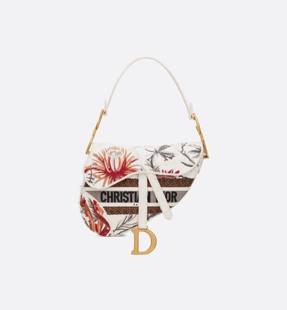 Saddle Bag White Camouflage Embroidery with Multicolor Flowers - Bags - Women's Fashion | DIOR
