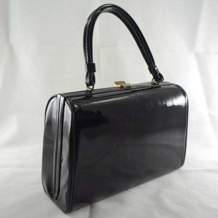 1950s Vintage Black Patent Leather Kelly Style Bag - Crescent and Fleur