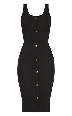 Black Ribbed Button Detail Midi Dress | PrettyLittleThing