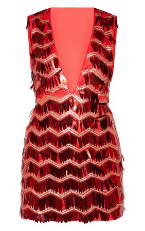 PrettyLittleThing Red Sequin Tassel Sleeveless Plunge Bodycon Dress