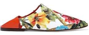 Leather-trimmed Floral-print Crepe Slippers