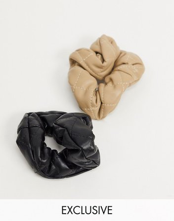 My Accessories London Exclusive quilted faux leather scrunchie multipack x 2 in black and camel | ASOS