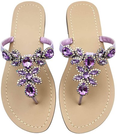 Amazon.com | Women's Summer Rhinestone Bling Wedding Sandals,Glitter Jeweled Sandals,Dressy Flat Sandals,Beach Flip-Flops, Size 9 Purple Lavender | Flats