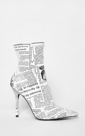 White News Paper Print High Heel Pointed Boots