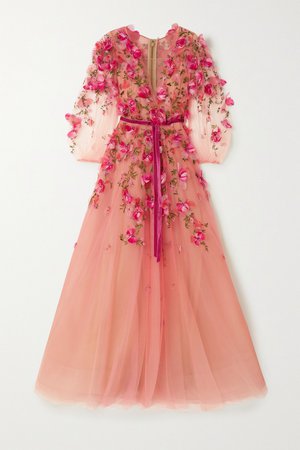 Pink Velvet-trimmed embellished embroidered ombré tulle gown | Marchesa | NET-A-PORTER