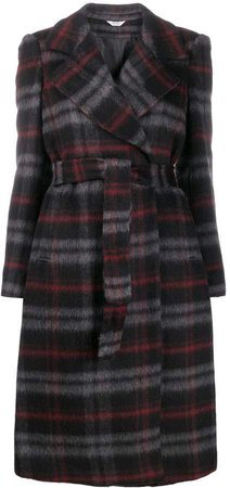 checked belted trench coat