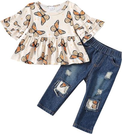Amazon.com: NZRVAWS 18 Months Toddler Girl Outfit Infant 24 Months Baby Girl Clothes Ruffle Top Ripped Jeans Denim Pant Fall Winter Clothing For Girl: Clothing, Shoes & Jewelry