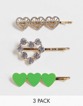 ASOS DESIGN pack of 3 hair clips in heart designs in gold tone | ASOS