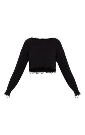 Black Fray Edge Crop Knitted Jumper | PrettyLittleThing