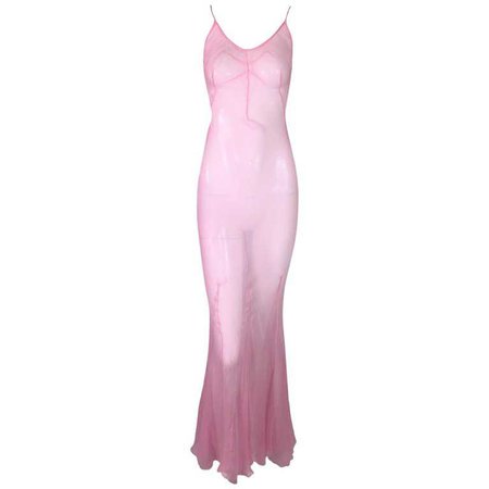 S/S 1997 Dolce and Gabbana Runway Sheer Pink Silk Long Gown Dress w Train at 1stdibs
