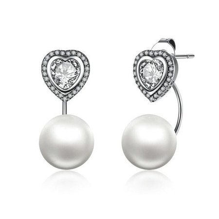Silver Earrings | Double pearl & cubic Heart stud Earrings
