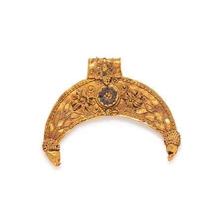 A Hellenistic Gold and Enamel Lunula Pendant