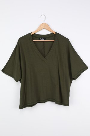 Cute Olive Green T-Shirt - V-Neck Tee - Oversized T-Shirt