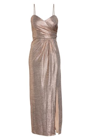 Morgan & Co. Shimmer Front Slit Gown gold