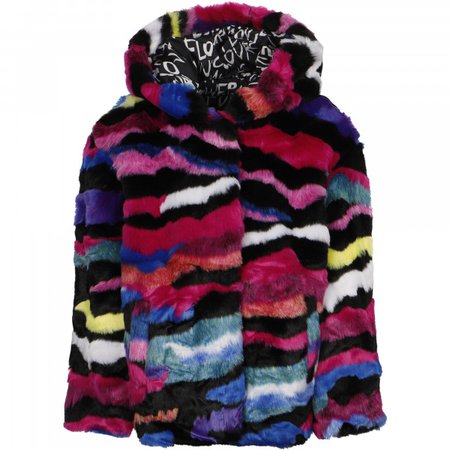 Desigual Colorful Faux Fur Jacket with Slogan Interior - BAMBINIFASHION.COM
