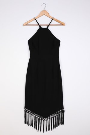 Black Midi Dress - Fringe Hem Dress - Sleeveless Midi Dress - Lulus