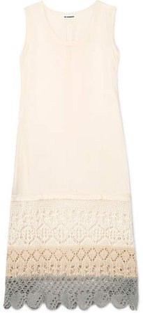 Crochet-paneled Crepe De Chine Midi Dress - Off-white
