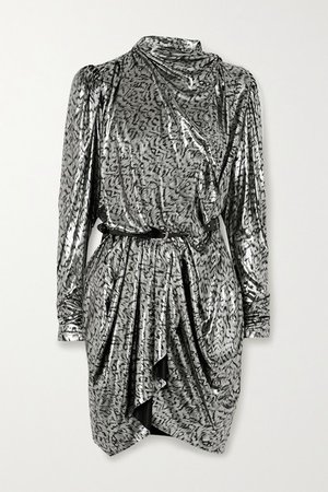 Tie-detailed Animal-print Lame Mini Dress - Silver