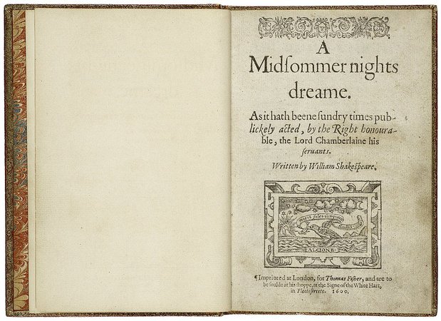 A Midsummer Night's Dream by William Shakespeare – title page from the first quarto, printed in 1600
