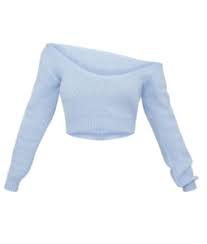 PLT Baby Blue V Neck Off Shoulder Knitted Cropped Jumper UK M