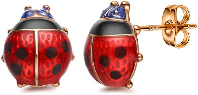 Amazon.com: Stud Earrings, Red Ladybug Black Spots 18K Gold Plated 925 Sterling Silver Post Stud Earrings for Women and Girl: Clothing, Shoes & Jewelry