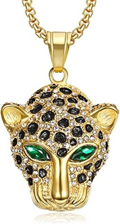 MayiaHey Iced Out Leopard Head Necklace for Men, Stainless Steel Nordic Viking Leopard Animal Necklace Hip Hop Leopard Head Pendant Necklace for Boys (Green) | Amazon.com