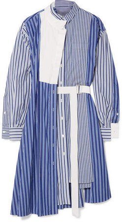 Asymmetric Striped Cotton-poplin And Piqué Dress - Blue