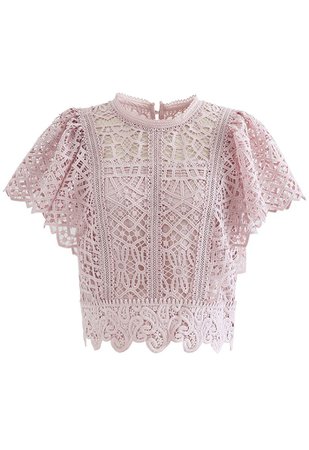 Ruffle Sleeves Full Crochet Crop Top in Dusty Pink - Retro, Indie and Unique Fashion