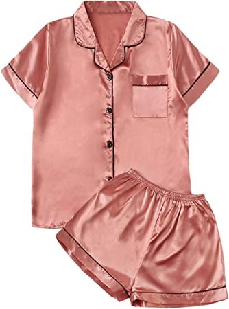 Verdusa Women's 2pc Satin Nightwear Button Front Sleepwear Short Sleeve Pajamas Set Pink at Amazon Women’s Clothing store