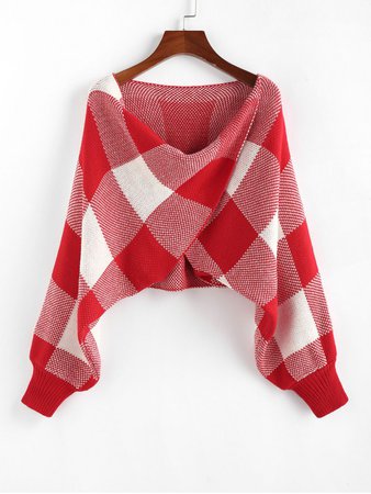 [59% OFF] [HOT] 2020 ZAFUL Checkered Cowl Front Twisted Batwing Sleeve Sweater In RED | ZAFUL