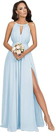 YMSHA Women's Halter Bridesmaid Dresses with Slit Long Chiffon Pleated Formal Dress YMS160 at Amazon Women’s Clothing store