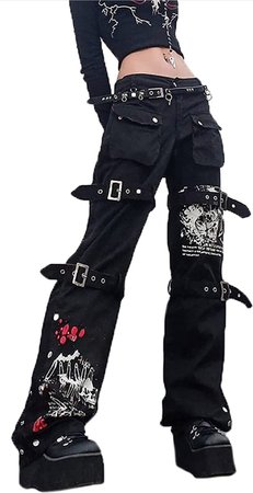 black goth punk cargo pants y2k png
