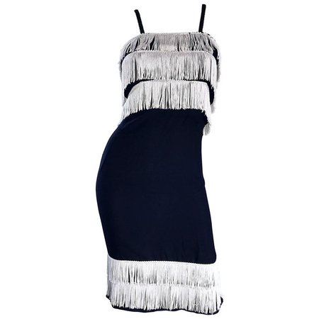 1950s Black and White Crepe and Silk Fringe 50s Vintage Wiggle Flapper Dress For Sale at 1stdibs