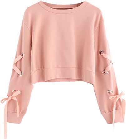 SweatyRocks Women's Casual Lace up Long Sleeve Pullover Crop Top Sweatshirt Solid Pink Small